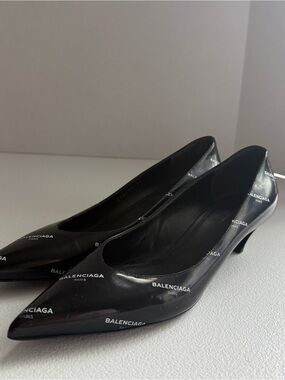 Balenciaga Logo Print Pointed Toe Kitten Heel Pumps
